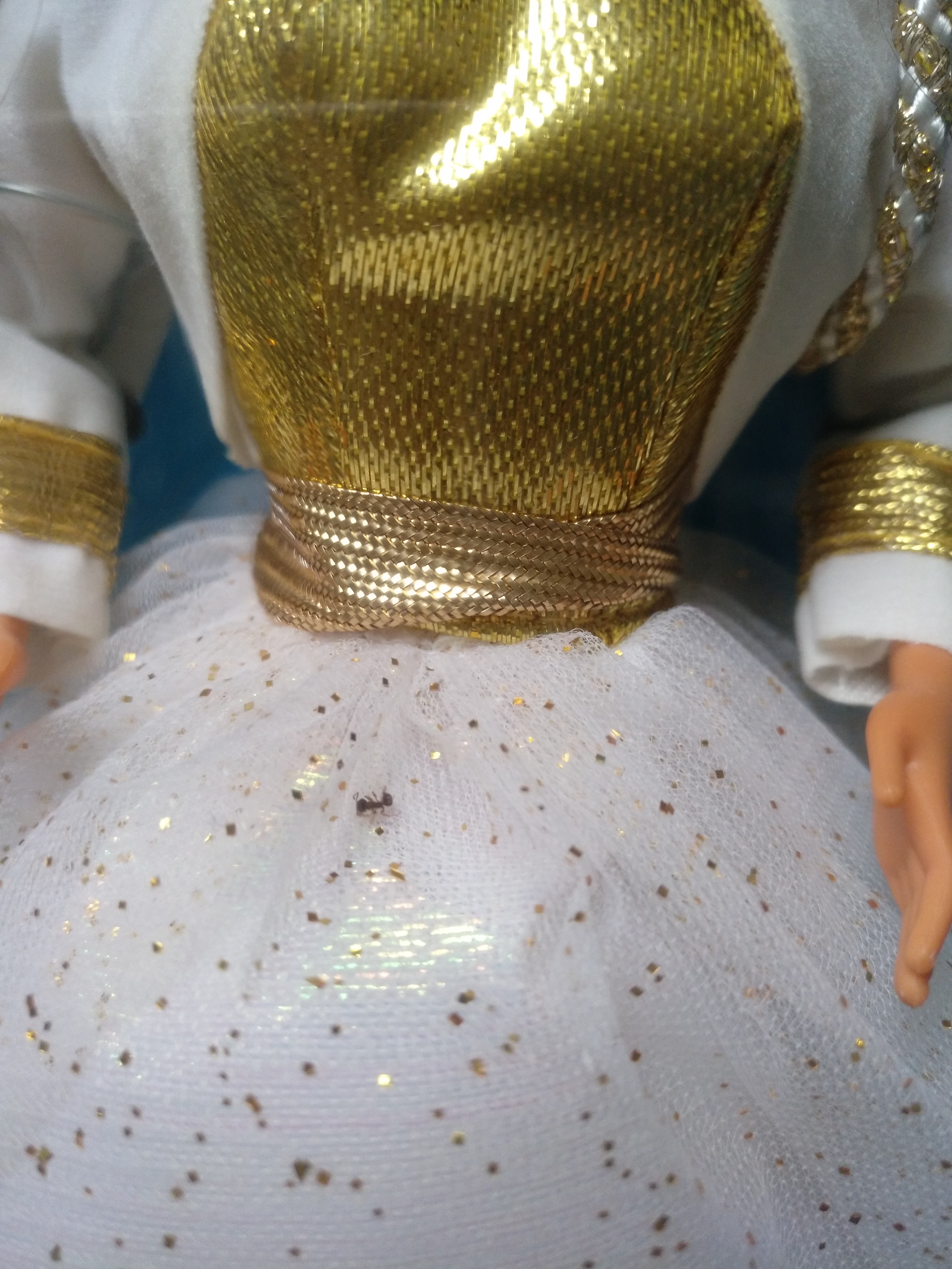 dead ant on doll's dress